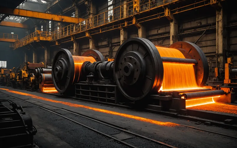 Hot steel slab being rolled between large industrial rollers in a steel mill