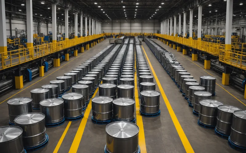 Side-by-side view of batch production containers and a continuous manufacturing conveyor line