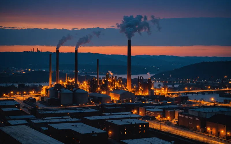 Pittsburgh industrial manufacturing district at dusk showing steel plant architecture