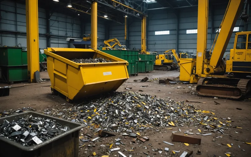 Industrial waste material bin next to a production line, representing scrap reduction opportunity