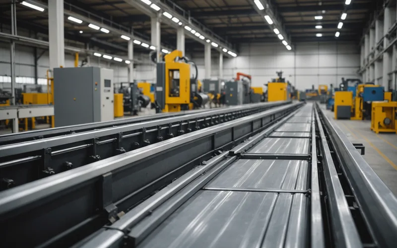 Industrial plastic extrusion machinery with material emerging from die head