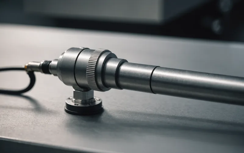 Industrial sensor probe mounted on production equipment housing measuring material properties