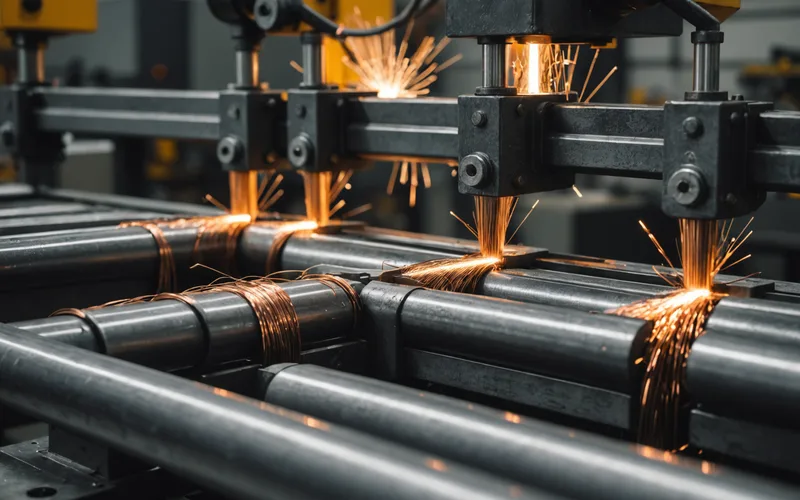 Close-up view of metal wire drawing machinery and spooled wire coils
